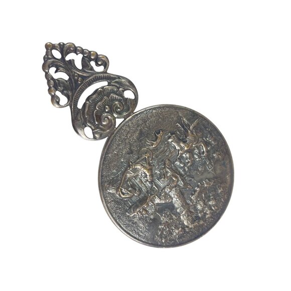 Antique Silver Hand Mirror With Ornate Handle & Detailed Scene Engraving - Picture 5 of 6